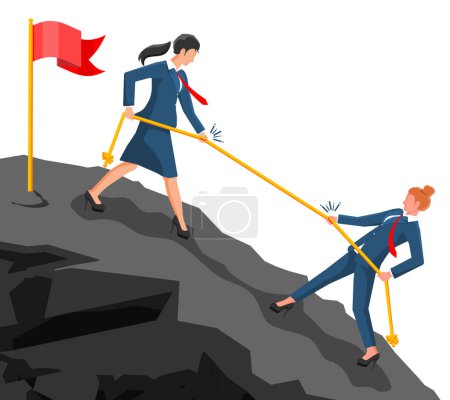 Illustration for Group of Business Woman Climbing on Mountain Peak. Symbol of Team Work, Victory, Successful Mission, Goal and Achievement. Trials and Testing. Win, Business Success. Flat Vector Illustration - Royalty Free Image