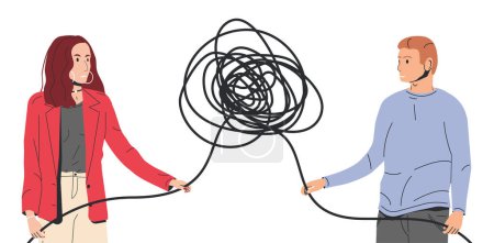 Couple Unravel the Tangle of Problems. Man and Woman Working on Relationship. Husband and Wife Solving Family Problems. Concept of Couple Therapy, Marriage Counseling. Cartoon Flat Vector Illustration