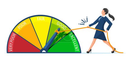 Illustration for Businesswoman Changing Personal Credit Information. Woman Pushing Arrow to Make Credit History Better. Female Improves Creditworthiness, Credit Score, Approval Solvency. Flat Vector Illustration - Royalty Free Image