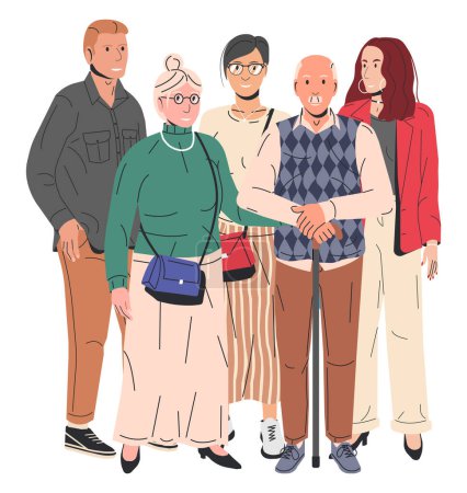 Illustration for Adult Childs Hugging Old Father and Mother Isolated. Elderly Dad and Mom with Daughter and Son or Granddaughter and Grandson. Woman and Man Embracing his Parents Happy Family. Flat Vector Illustration - Royalty Free Image