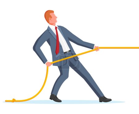 Businessman Pull of Rope. Man Tug of War. Business Target, Rivalry, Competition, Conflict. Struggle and Challenge. Achievement, Goal Success. Flat Vector Illustration