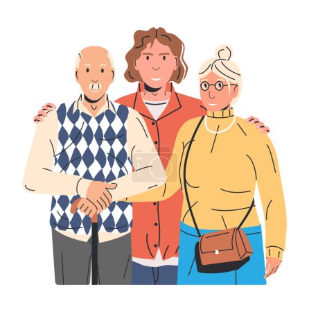 Illustration for Adult Son Hugging Old Father and Mother Isolated. Elderly Dad or Mom with Son or Grandson. Young Man Embracing his Parents. Happy Family Relationship Concept. Flat Vector Illustration - Royalty Free Image