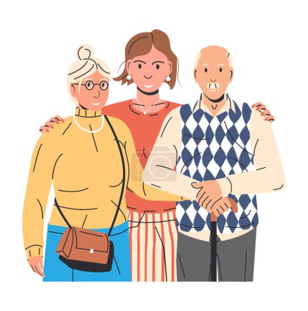 Illustration for Adult Daughter Hugging Old Father and Mother Isolated. Elderly Dad and Mom with Daughter or Granddaughter. Young Woman Embracing his Parents Happy Family Relationship Concept. Flat Vector Illustration - Royalty Free Image