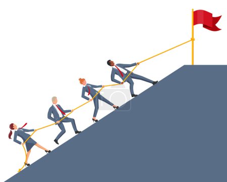 Illustration for Group of Business People Climbing on Mountain Peak. Symbol of Team Work, Victory, Successful Mission, Goal and Achievement. Trials and Testing. Win, Business Success. Flat Vector Illustration - Royalty Free Image