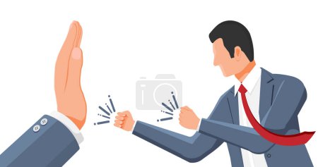 Illustration for Big Hand Show Stop Gesture to Businessman. Angry Manager or Business Man is About to Fight. Stop the Conflict Concept. Stops Confrontation, Resolves Conflict. Flat Vector Illustration - Royalty Free Image