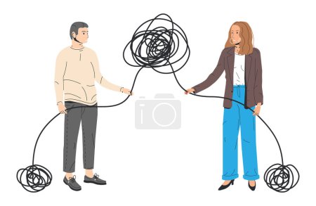 Couple Unravel the Tangle of Problems. Man and Woman Working on Relationship. Husband and Wife Solving Family Problems. Concept of Couple Therapy, Marriage Counseling. Cartoon Flat Vector Illustration