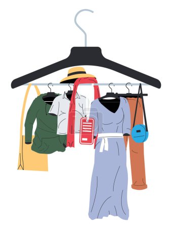 Illustration for Clothes and Accessories Hanging on Hanger. Home or Shop Wardrobe. Clothes and Accessories. Various Hanging Clothing. Jacket, Shirt, Jeans, Pants, Bags and Hats. Cartoon Flat Vector Illustration - Royalty Free Image