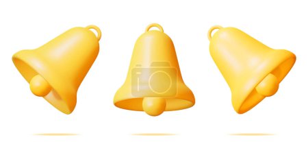 Illustration for 3D Notification Bell Icon Isolated. Golden Render Ringing Bell. Gold School Bell. Retro Christmas Ring Handbell. Alert and Alarm Symbol. Social Media Network Notification Reminder. Vector Illustration - Royalty Free Image