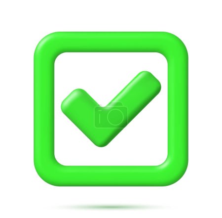Illustration for 3D Right Button in Square Shape. Green Yes or Correct Sign Render. Green Checkmark Tick Represents Confirmation. Right Choice Concept. Agreement, Approval or Trust Symbol. Vector Illustration - Royalty Free Image
