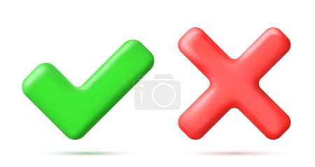 Ilustración de Forma de botón correcta e incorrecta en 3D. Verde Sí y Rojo No Correcto Signo Incorrecto. Checkmark Tick Rechazo, Cancelar, Error, Detener, Negativo, Aprobación de acuerdo o símbolo de confianza. Ilustración vectorial - Imagen libre de derechos