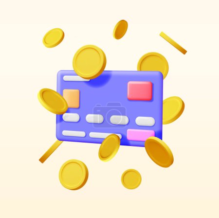 Illustration for 3D Bank Card in Money in Air. Render Credit Card with Chip and Gold Coin. Business Finance, Online Shopping and Banking. Cashless Payment. Financial Transactions, Money Transfer. Vector Illustration - Royalty Free Image