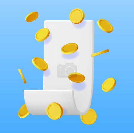 Illustration for 3D White Receipt with Coin Isolated on Blue. Render Paper Invoice and Money. Empty Total Bill. Online Shopping, Payment, Checkout, Money Transfer. Cartoon Paper Piece. Vector Illustration - Royalty Free Image