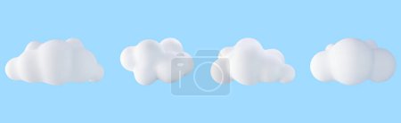 Illustration for 3D White Cloud Set Isolated on Blue Background. Collection of Cartoon Fluffy Cloud Icon. Render Bubble Cute Circle Shaped Smoke or Cumulus Fog Symbol. Vector Illustration - Royalty Free Image