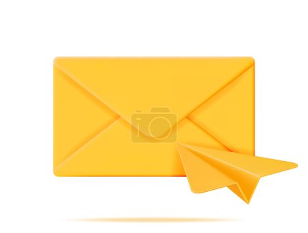 Sobre de correo 3D y plano de papel aislado en blanco. Paper Letter and Origami Airplane (en inglés). Correo electrónico nuevo o no leído. Mensaje, Carta de Contacto y Documento. Redes sociales y mensajería en línea. Ilustración vectorial