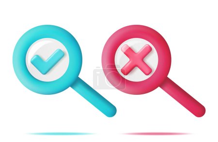 Illustration for 3D Magnifying Glass and Tick and Cross Sign Isolated. Green Tick Successfully Complete Business Assignments. Red Checkmark Cross Represents Rejection. Vector Illustration - Royalty Free Image