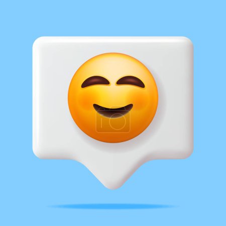 Ilustración de Amarillo 3D Emoticono feliz ruborizándose con ojos sonrientes en la burbuja del habla. Render Emoji ligeramente sonriente. Cara feliz Simple. Comunicación, Web, Redes Sociales, Botón App. Ilustración vectorial - Imagen libre de derechos