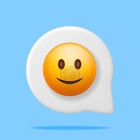 Ilustración de Emoticono feliz amarillo 3D en la burbuja del habla aislada. Render Emoji ligeramente sonriente. Cara feliz Simple. Comunicación, Web, Redes Sociales, Botón App. Ilustración vectorial realista - Imagen libre de derechos