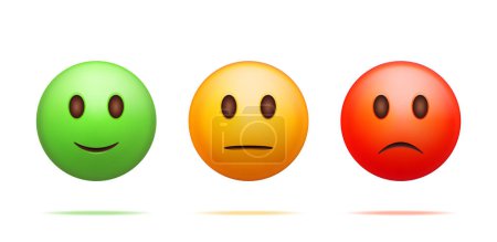 Evaluación 3D del cliente Smiley Emoticons Checklist Isolated. Render símbolos positivos, neutrales y negativos. Evaluación de Testimonios, Comentarios, Encuesta, Calidad, Revisión. Ilustración vectorial