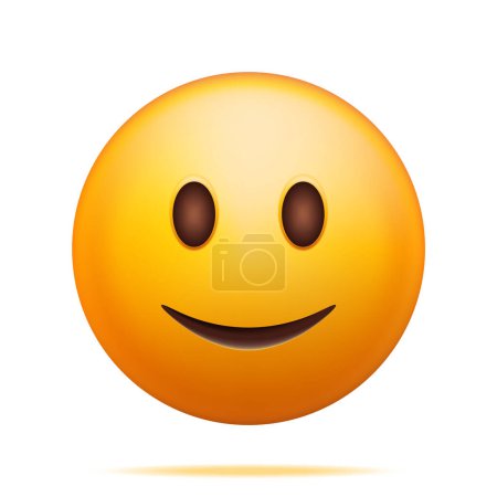 Ilustración de Emoticono feliz amarillo 3D aislado en blanco. Render Emoji ligeramente sonriente. Cara feliz con sonrisa cerrada simple. Comunicación, Web, Redes Sociales, Botón App. Ilustración vectorial realista - Imagen libre de derechos