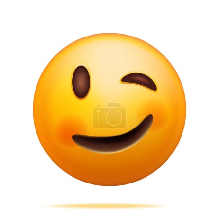 Illustration for 3D Yellow Happy Emoticon with Winking Face Isolated on White. Render Slightly Winking Emoji. Happy Face Simple. Communication, Web, Social Network Media, App Button. Realistic Vector Illustration - Royalty Free Image