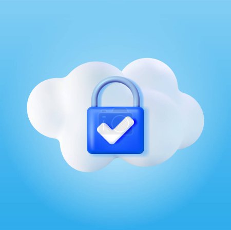 3d White Cloud with Locked Padlock. Render Cloud with Pad Lock Icon. Concept of Cloud Data Protection, Security and Confidentiality. Safety, Encryption and Privacy. Vector Illustration