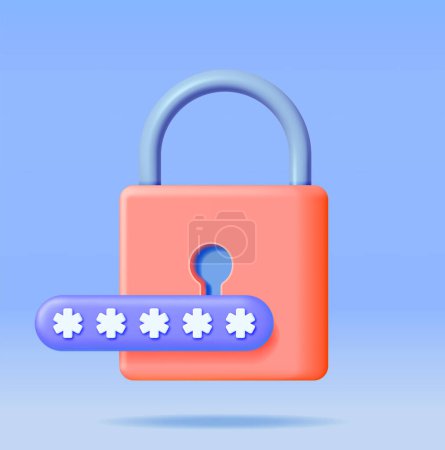 Illustration for 3D Password Field with Padlock Isolated. Render Hidden Password Symbol in Pad Lock. Computer Data Protection, Security and Confidentiality. Safety, Login Encryption and Privacy. Vector Illustration - Royalty Free Image