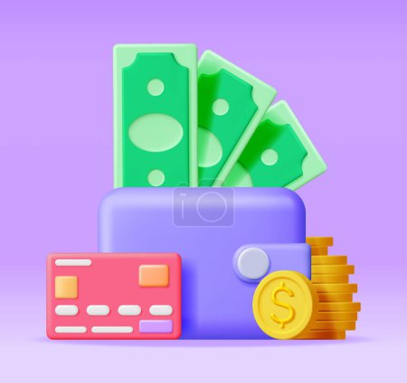 Illustration for 3D Money and Leather Wallet. Bank Card and Purse. Gold Coins and Dollar Bills. Render Money Bills. Growth, Income, Savings, Investment. Symbol of Wealth. Business Success. Vector illustration. - Royalty Free Image