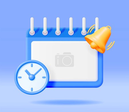 Illustration for 3D Calendar with Clock and Bell Alert Isolated. Render Calendar and Bell Icon. Schedule, Appointment, Organizer, Timesheet, Important Date. Reminder Notification Concept. Minimal Vector Illustration - Royalty Free Image