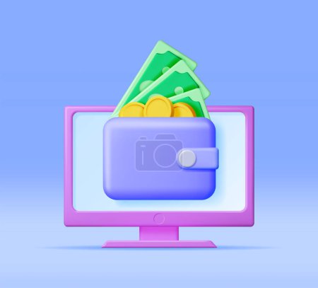 Illustration for 3D Computer and Wallet with Money Isolated. Concept of Online Income. Earnings in Internet. Render Electronic Wallet. Online Banking. Freelance Work. Growth, Income, Success. Vector illustration - Royalty Free Image