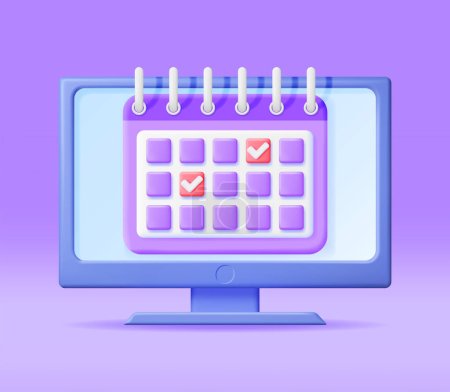 Illustration for 3D Paper Spiral Calendar on Computer Screen Isolated. Render Calendar and Monitor Computer. Schedule, Appointment, Organizer, Timesheet, Deadline and Important Date. Cartoon Vector illustration - Royalty Free Image