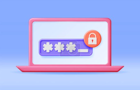Illustration for 3D Laptop with Shield Lock and Password on Screen. Render Notebook with Padlock. Concept of Computer Security, Data Protection and Confidentiality. Safety, Encryption and Privacy. Vector Illustration - Royalty Free Image