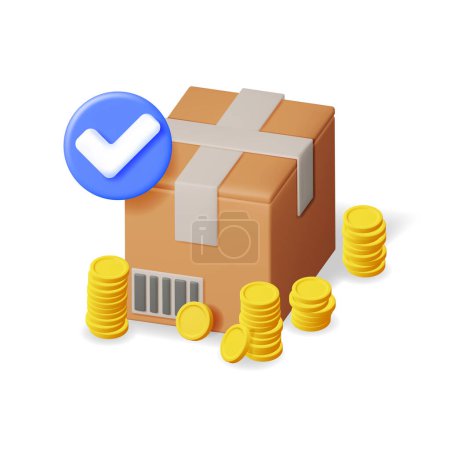 Illustration for 3D Cardboard Box with Gold Coins and Checkmark Isolated. Sealed Carton Package with OK Check Mark and Money. Cardboard Parcel Icon. Cargo, Delivery and Transportation. Vector Illustration - Royalty Free Image