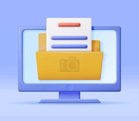 Ilustración de 3D Business Folder Full of Papers on Computer (en inglés). Render carpeta amarilla para correspondencia, concepto de transferencia de archivos, migración de documentos, acceso remoto a documentos cifrados. Ilustración vectorial - Imagen libre de derechos