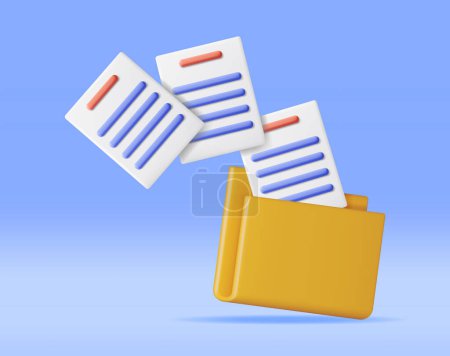 Ilustración de 3D Business Folder lleno de papeles aislados en blanco. Render carpeta amarilla para correspondencia, concepto de transferencia de archivos, migración de documentos, acceso remoto a documentos cifrados. Ilustración vectorial - Imagen libre de derechos