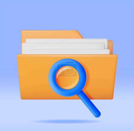 Illustration for 3D Document Folder with Magnifying Glass. Render Analysis of Folder with Loupe. Focus Research and Online Data Monitoring. Discovery, Analysis, Research, Investigation, Search. Vector Illustration - Royalty Free Image