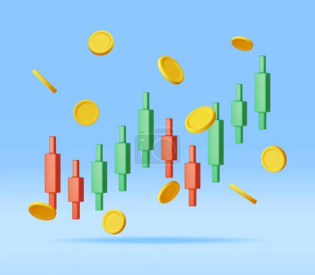 Illustration for 3D Growth Stock Diagram with Golden Coins. Render Stock Candle with Money Shows Growth or Success. Financial Item, Business Investment, Financial Market Trade. Money and Banking. Vector Illustration - Royalty Free Image