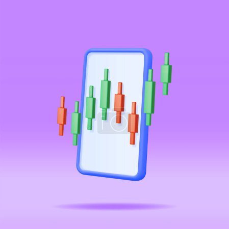 Téléchargez les illustrations : 3D Growth Stock Diagram on Mobile Phone. Render Stock Candle on Smartphone Shows Growth or Success. Financial Item, Business Investment, Financial Market Trade. Money and Banking. Vector Illustration - en licence libre de droit