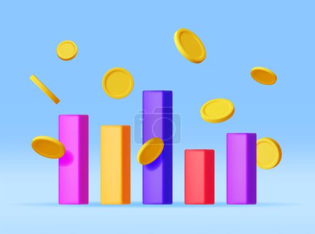 Illustration for 3D Growth Stock Diagram and Coins Isolated. Render Stock Bars Shows Growth or Success with Coins. Financial Item, Business Investment, Financial Market Trade. Money and Banking. Vector Illustration - Royalty Free Image