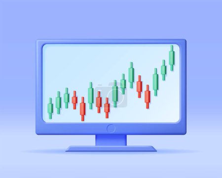 Illustration for 3D Growth Stock Diagram on Computer. Render Stock Candle on Monitor Shows Growth or Success. Financial Item, Business Investment, Financial Market Trade. Money and Banking. Vector Illustration - Royalty Free Image
