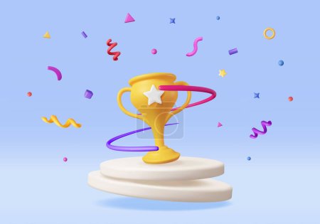 Illustration for 3D Golden Champion Trophy with Confetti on Podium. Render Gold Cup Trophy Icon. Gold Trophy for Competitions. Award Victory, Goal Champion Achievement, Prize Sports Award, Success. Vector Illustration - Royalty Free Image