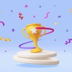 3D Golden Champion Trophy with Confetti on Podium. Render Gold Cup Trophy Icon. Gold Trophy for Competitions. Award Victory, Goal Champion Achievement, Prize Sports Award, Success. Vector Illustration