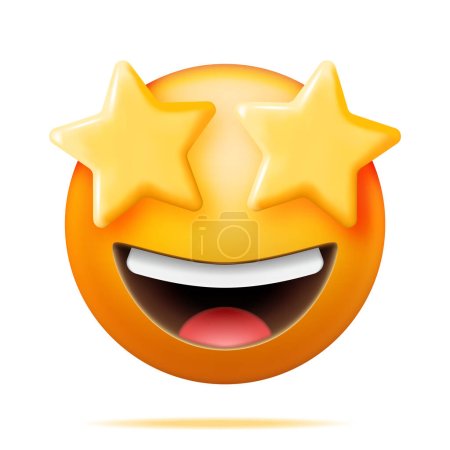 Illustration for 3D Yellow Excited Starry Eyed Emoticon Isolated. Render Laughing Star Shaped Eyes Emoji. Happy Face LOL. Communication, Web, Social Network Media, App Button. Realistic Vector Illustration - Royalty Free Image