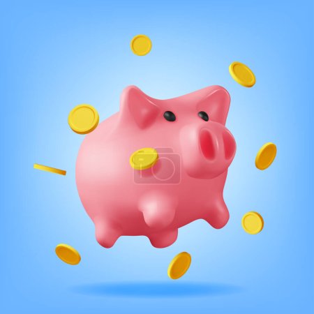 Ilustración de Hucha 3D con monedas aisladas. Render Plastic Piggy Bank por dinero. Moneybox in Form of Pig. Concepto de Dinero en Efectivo, Inversión en Depósitos de Negocios, Ahorro Financiero. Ilustración vectorial - Imagen libre de derechos