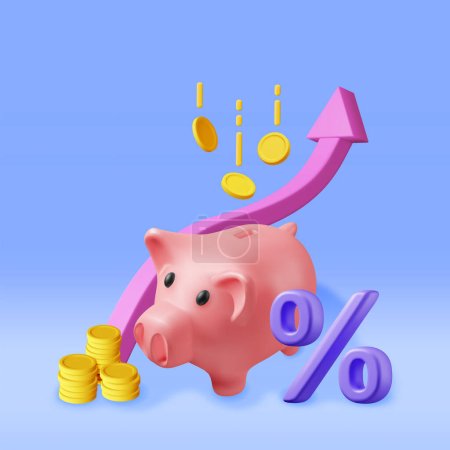 Illustration for 3D Piggy Bank with Growth Stock Chart Arrow with Golden Coins. Render Stock Arrow with Money and Percentage Symbol. Financial Item Business Investment Financial. Money and Banking. Vector Illustration - Royalty Free Image