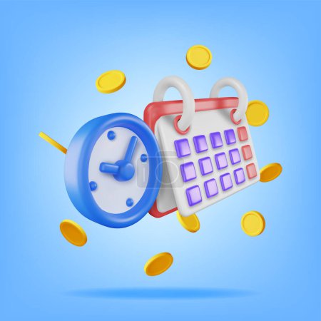 Illustration for 3D Clock, Calendar and Golden Coins Isolated. Render Time is Money Concept. Annual Revenue, Financial Investment, Savings, Bank Deposit, Future Income, Business Money Benefit. Vector Illustration - Royalty Free Image