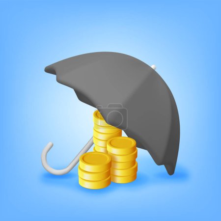 Ilustración de Montón 3D de Monedas Bajo Paraguas Aislado. Render paraguas proteger el dinero. Protección del dinero, concepto de ahorro financiero. Negocios, Efectivo, Banca. Ilustración vectorial - Imagen libre de derechos