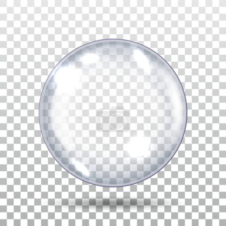 Téléchargez les illustrations : Boule sphérique en verre réaliste 3D sur fond damier. Rendre grande sphère en verre transparent avec des larmes et de l'ombre. Icône de sphère lumineuse translucide. Illustration vectorielle réaliste - en licence libre de droit