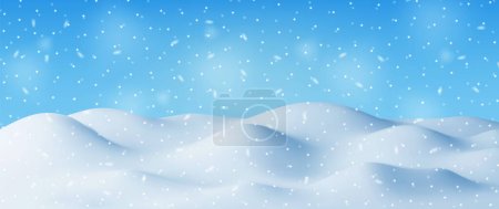 Téléchargez les illustrations : Paysage d'hiver 3D avec des dérives de neige et de neige. Rendre Noël neige dérive sur fond de ciel bleu. Winter Snow Ground, Snowdrift Mound, couche de glace. Illustration vectorielle réaliste - en licence libre de droit