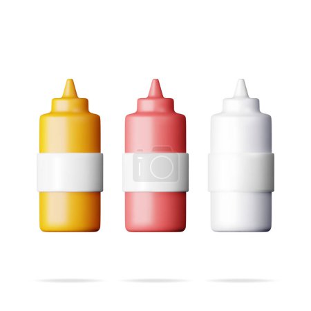 Illustration for 3D Set of Blank Plastic Bottles for Fast Food Isolated. Render Mayonnaise, Mustard, Ketchup. White Icon, Red, Yellow Containers for Sauces and Dressings. Realistic Vector Illustration - Royalty Free Image