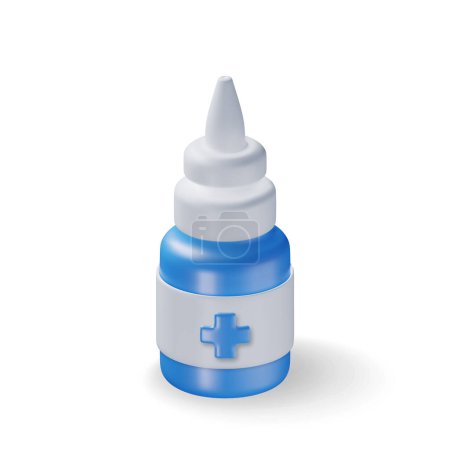 3D medicine spray bottle isolated on white. Render oral spray in glass package. Aerosol for mouth and throat. Medical drug, vitamin, antibiotic. Healthcare pharmacy. Vector illustration